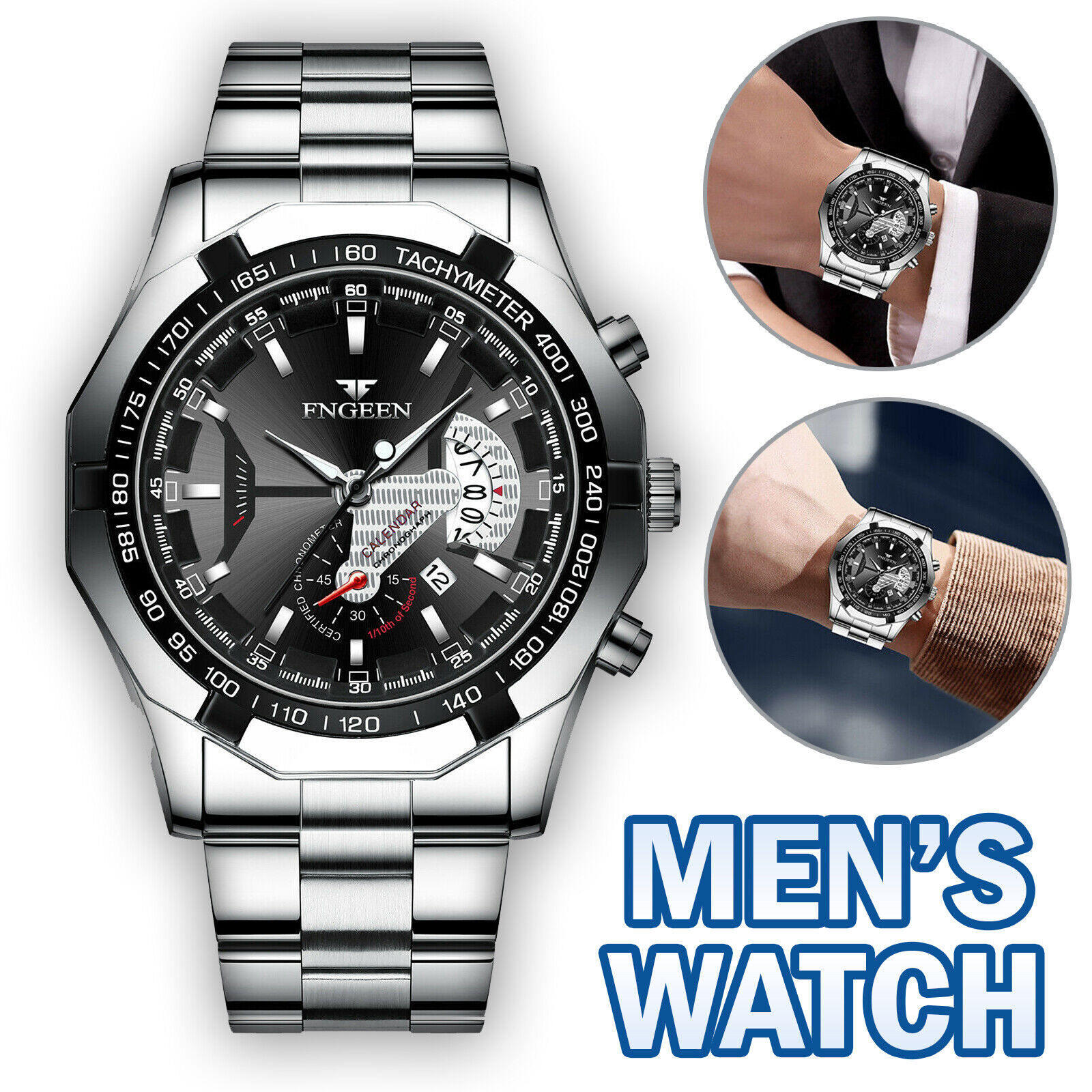 Classic Silver Watch For Men Quartz Analog Wristwatch Stainless Steel 