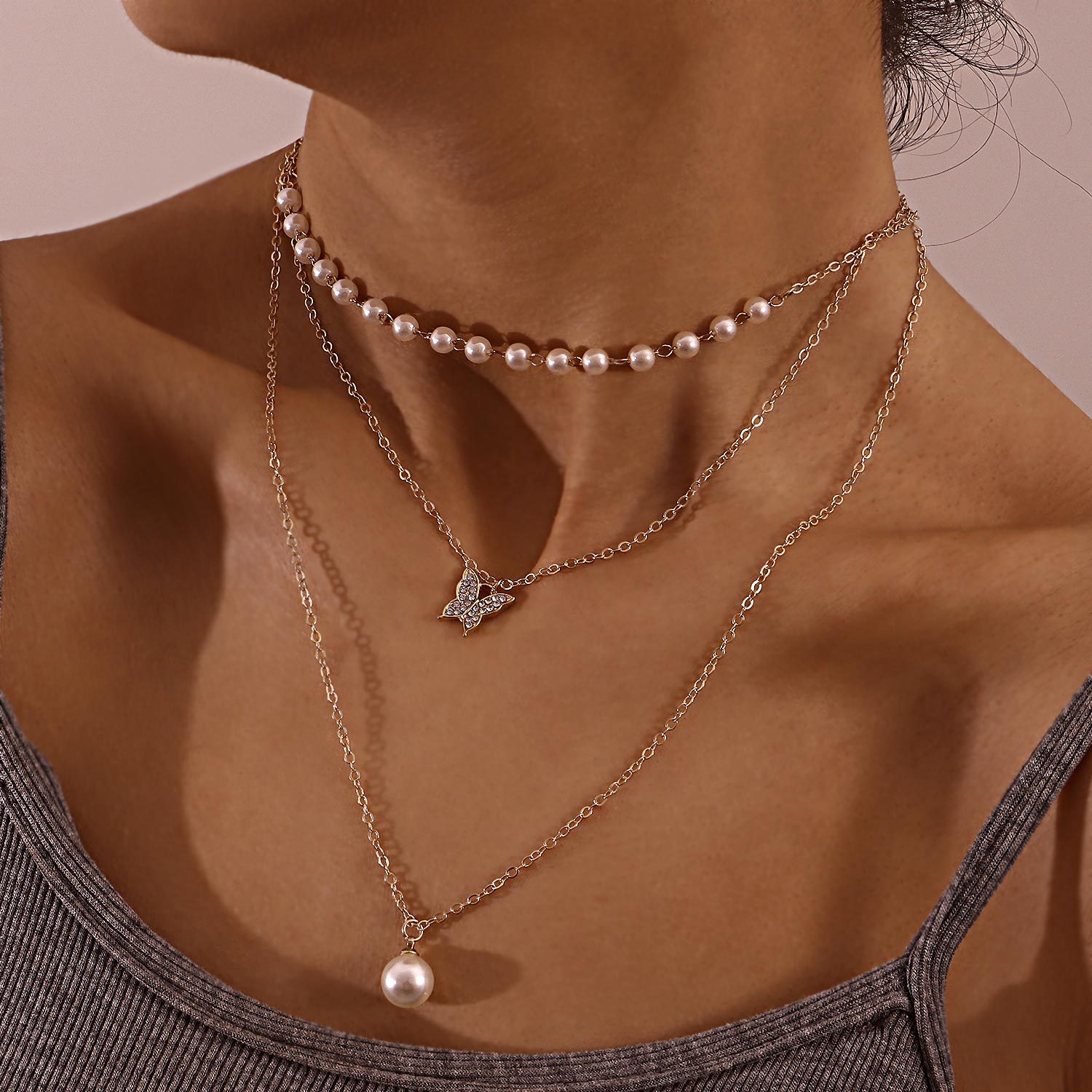 01a62578 5208 4e8e 8f40 8e4abd3f0eee Multilayer Thin Chain Pearl And Diamond Butterfly Pendant Necklace