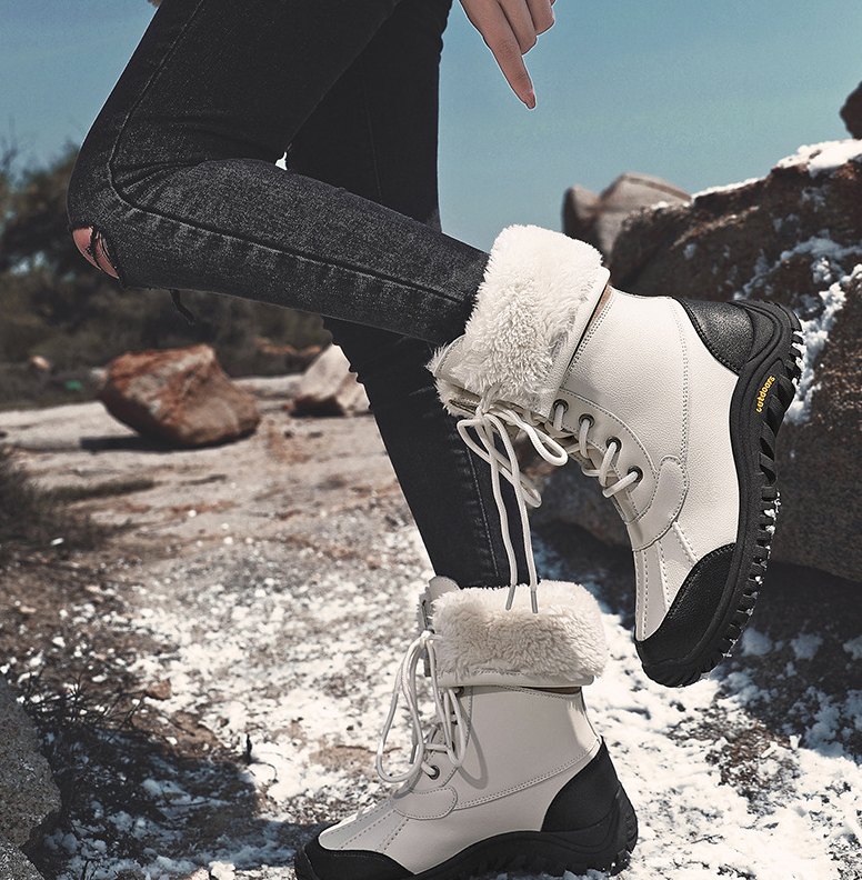 High Top Waterproof Lace-up Plush Lining Snow Pu Leather Boots