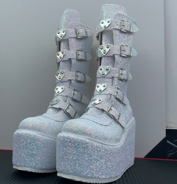 Gothic Platform Boots with Large Metal Buckle Clasps Sparkly White
