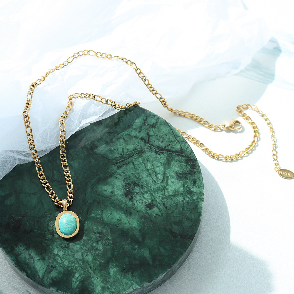 11240894 16c3 472b 994b ebc06f26b7bb French Light Luxury Gold Plated Titanium Steel Necklace For Women Natural Amazonite Pendant Clavicle Chain Party Jewelry