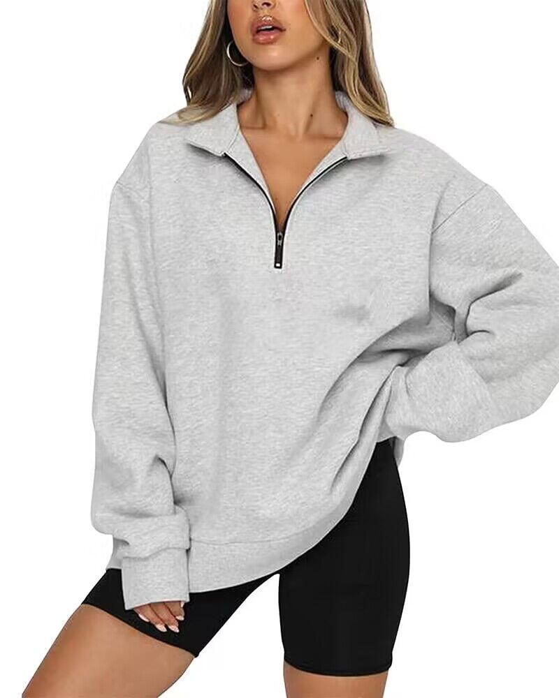 Women Sweatshirts Zip Turndown Collar Loose Casual Top