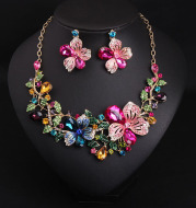 Europe and America luxury color flower crystal drill short clavicle Necklace Earrings Set women bride dinner dress ornaments