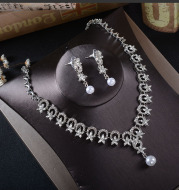 TL211 bridal jewelry earrings, necklace two pieces, Korean Rhinestone Pearl set, wedding dress, Tiara accessories