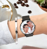 Engraved Women's Black Alloy Bracelet Photo Watch 36mm