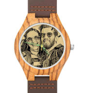 Men's Engraved Wooden Photo Watch Brown Leather Strap 45mm