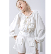 New European Station Holiday Linen Tight Leading Top + Short Pants Long Sleeve QD850