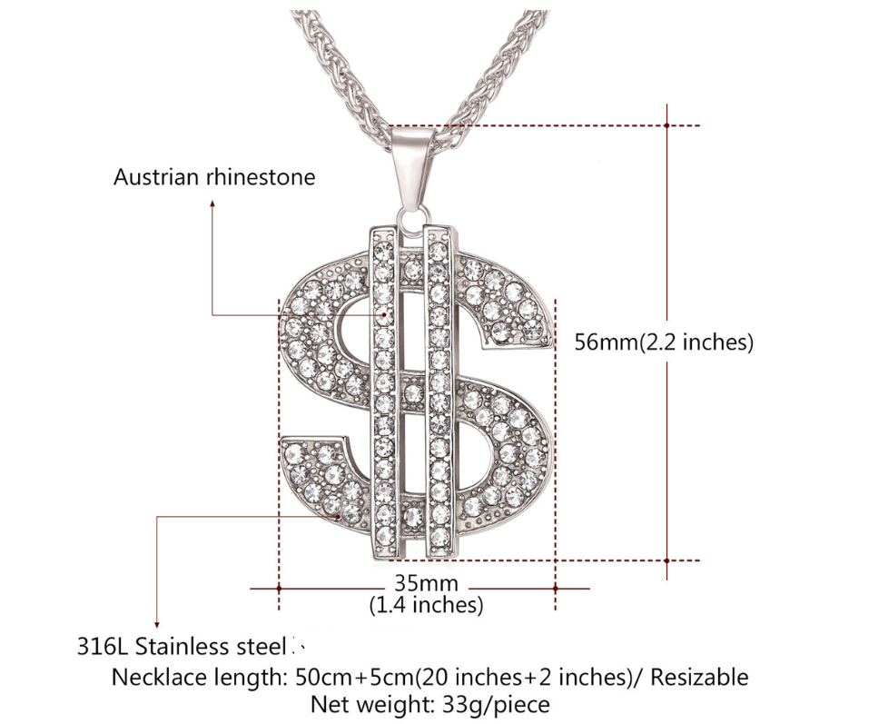 2197510071518 European and American exaggerated jewelry Hip-hop style diamond-studded dollar symbol necklace Personality men and women pendant