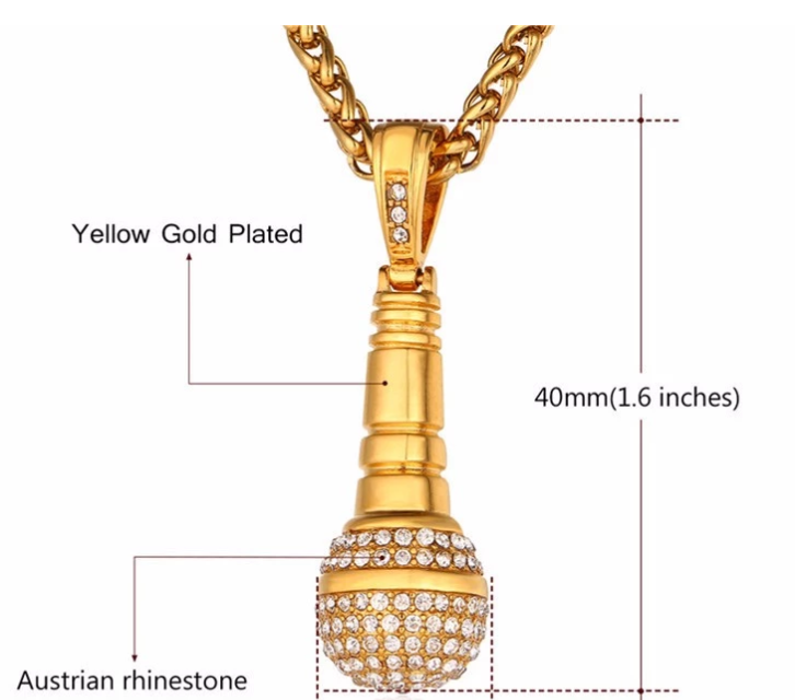 34498043370265 Stainless Steel 18K Gold Plated Rhinestone Women Men Hip Hop Jewelry Ice Out Chain Necklace Microphone Pendant