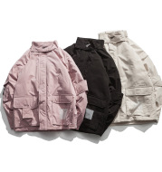 Winter New Men's Cotton Wear American Street Tide Brand Stand Collar Cotton Japanese Solid Color Thicken Warm Workwear Jacket