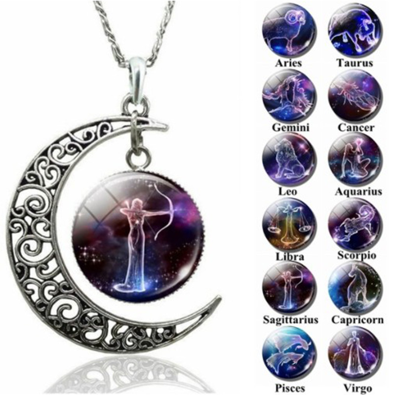 2979475982616 - Starry Sky 12 Constellation Moon Necklace Time Gem