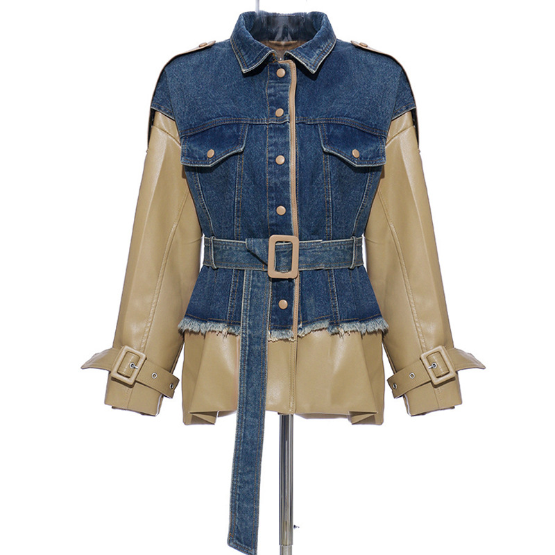 Denim stitching leather jacket - CJdropshipping