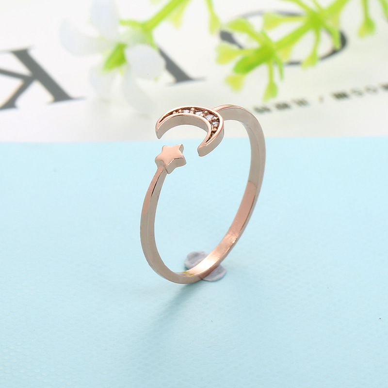 1615961650783 Rose Gold Color Mini Star Cute Moon Open Ring for Women Cubic Zirconia Crystal Bague Jewelry