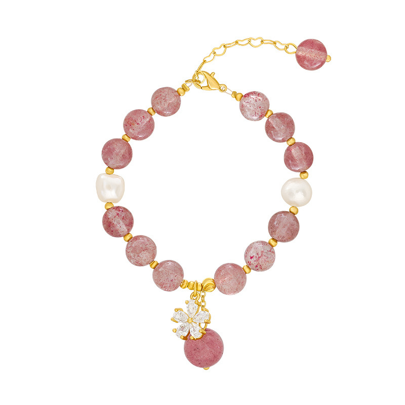 1617935258966 Recruiting Peach Blossom Natural Strawberry Crystal Bracelet INS18K Gold Electroplating Korean Girlfriends Flower Transfer Pearl Bracelet