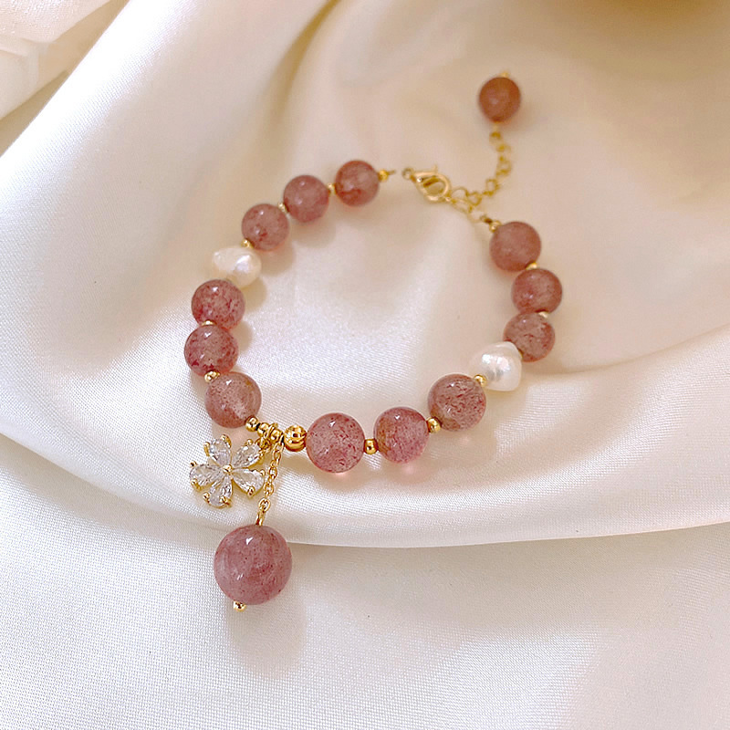 1617935258985 Recruiting Peach Blossom Natural Strawberry Crystal Bracelet INS18K Gold Electroplating Korean Girlfriends Flower Transfer Pearl Bracelet