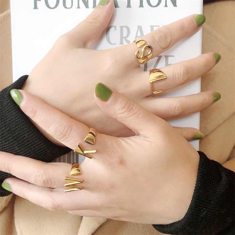 1618890521298 European And American A-Z Letter Ring Gold Metal Adjustable Open Ring Initials Name Letter Female Factory Direct Sales