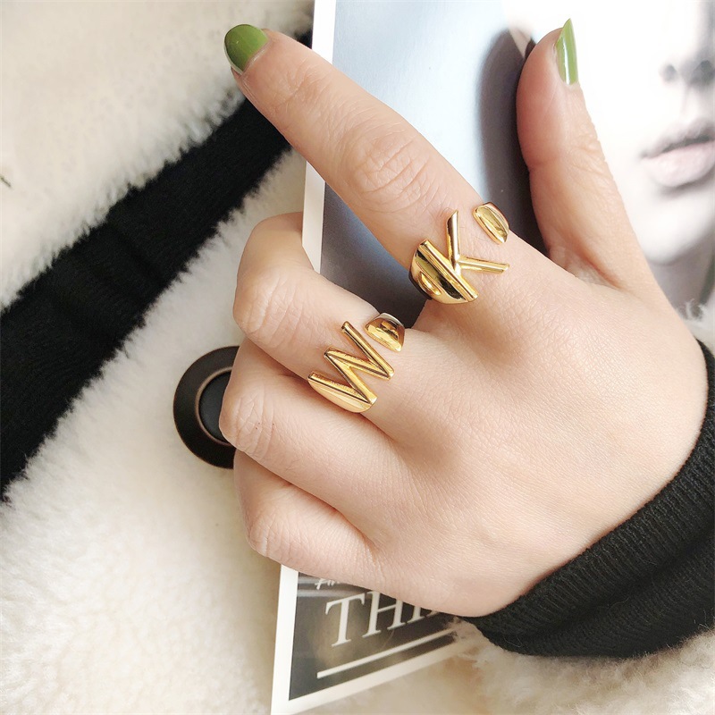 1618890521548 European And American A-Z Letter Ring Gold Metal Adjustable Open Ring Initials Name Letter Female Factory Direct Sales