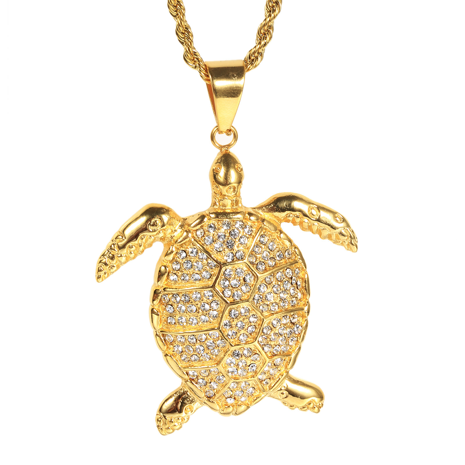 1618986311189 European And American Foreign Trade Gold With Diamonds Animal Turtle Pendant Necklace Male Titanium Steel Hip Hop Accessories Cross-Border E-Commerce