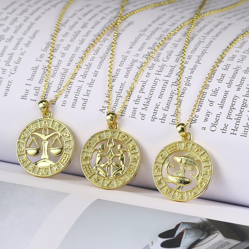 1620121010969 12 Constellation Gold Coin Pendant Necklace With 14K Gold Plating