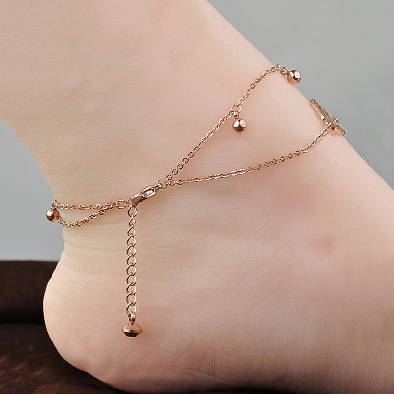 1620900153170 Sterling Silver Plated 18K Rose Gold Anklet Female Non-Fading Double-Layer Bells Girlfriend Foot Chain