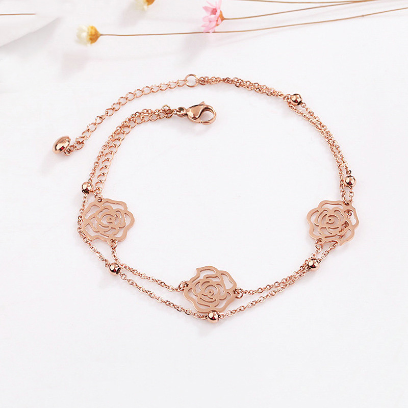 1620900153171 Sterling Silver Plated 18K Rose Gold Anklet Female Non-Fading Double-Layer Bells Girlfriend Foot Chain