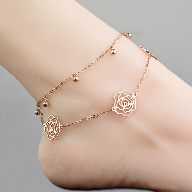 1620900153174 Sterling Silver Plated 18K Rose Gold Anklet Female Non-Fading Double-Layer Bells Girlfriend Foot Chain