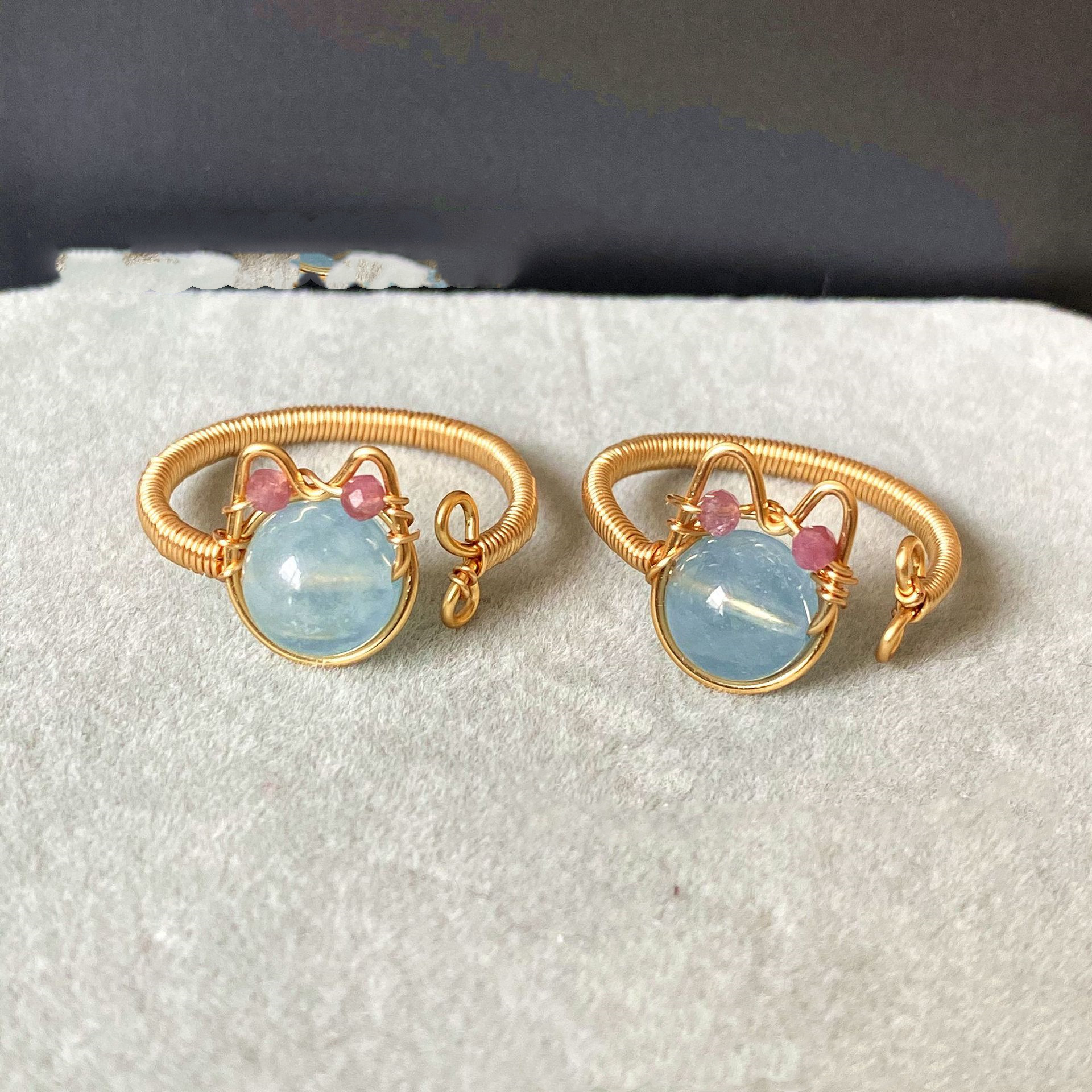 14k Gold Winding Handmade Ring Kitten Cute Natural Aquamarine Pearl Strawberry Crystal Ring Ring 4 1622196237202 14k Gold Winding Handmade Ring Kitten Cute Natural Aquamarine Pearl Strawberry Crystal Ring Ring