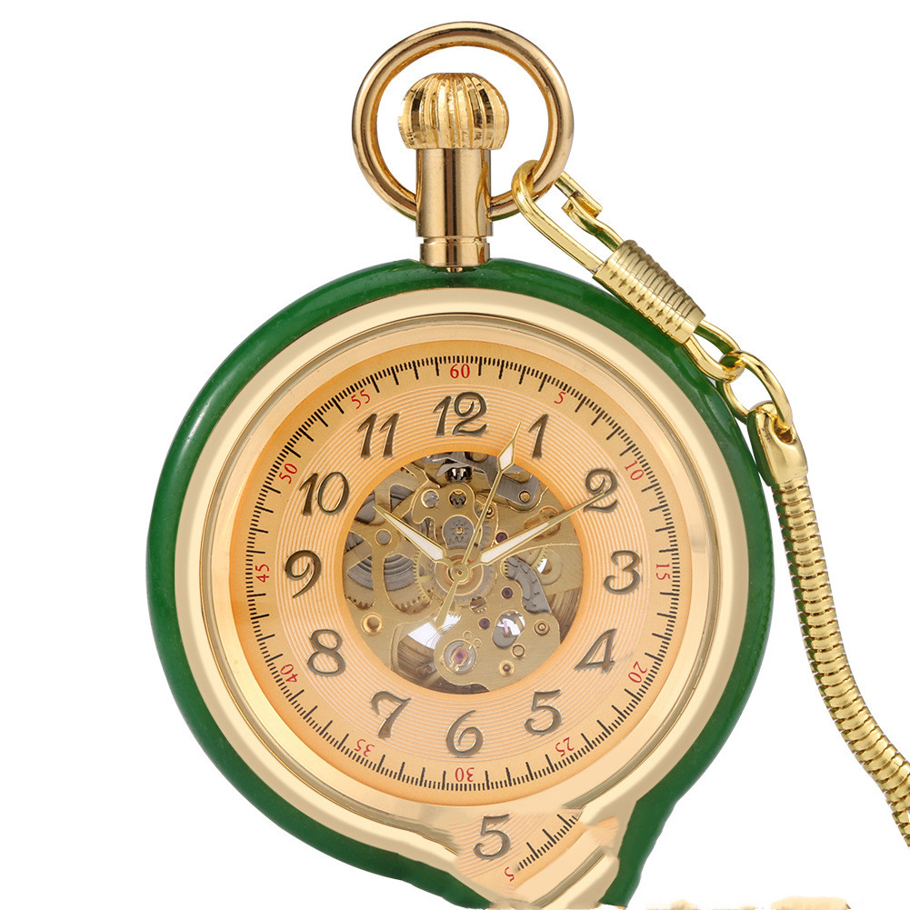 1622352048619 Vintage Gold Inlaid Green Jade Circle Digital Automatic Mechanical Pocket Watch