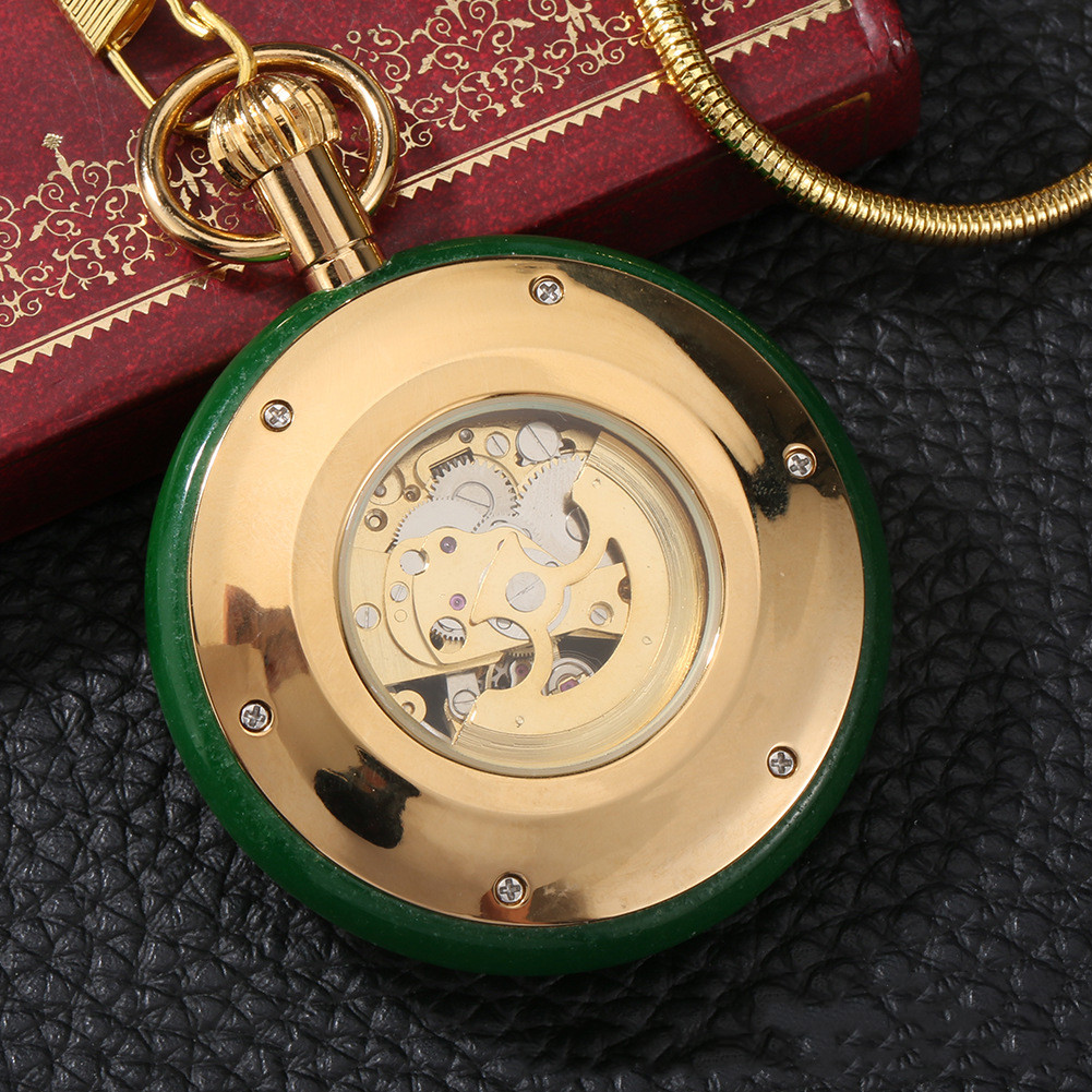 1622352048629 Vintage Gold Inlaid Green Jade Circle Digital Automatic Mechanical Pocket Watch