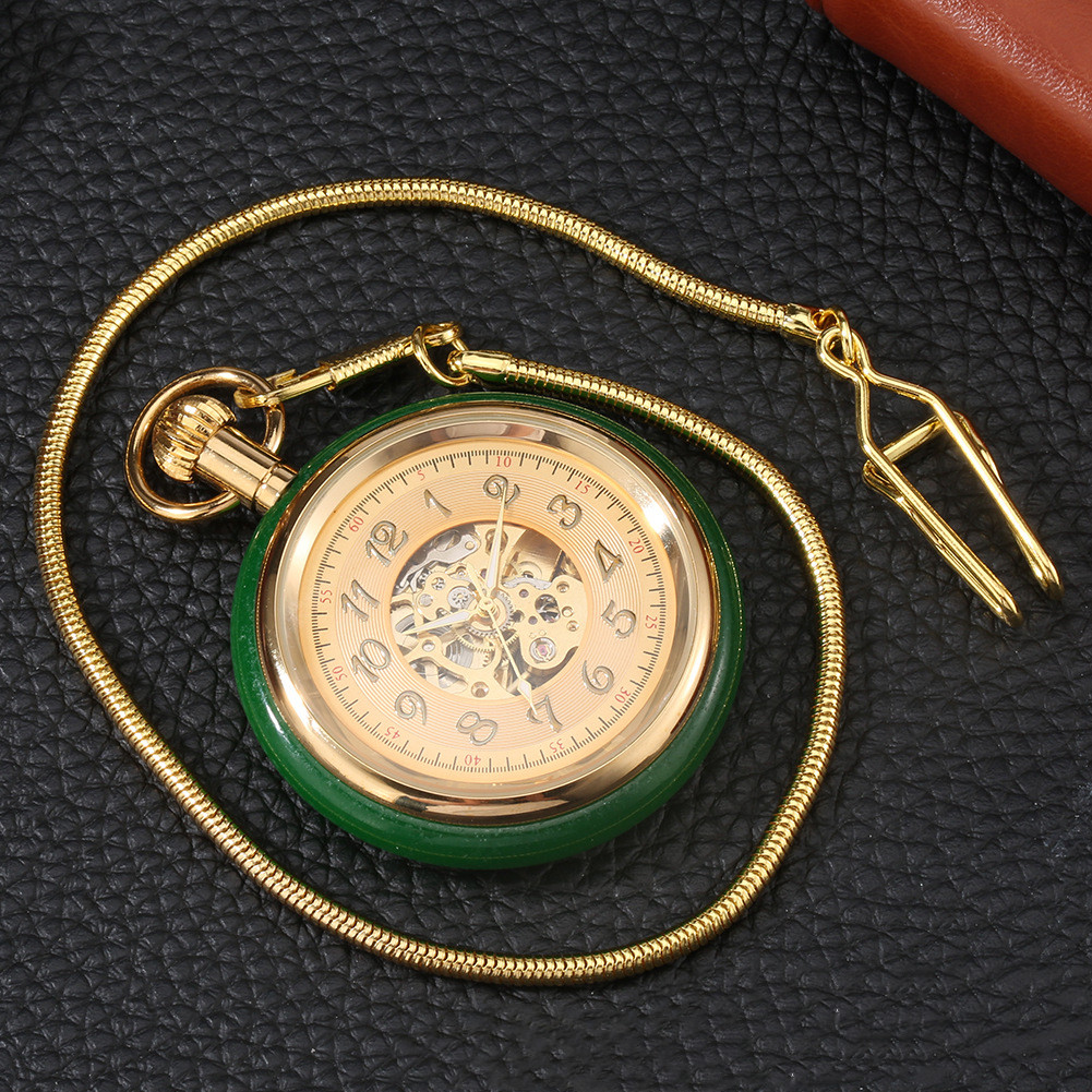 1622352048633 Vintage Gold Inlaid Green Jade Circle Digital Automatic Mechanical Pocket Watch