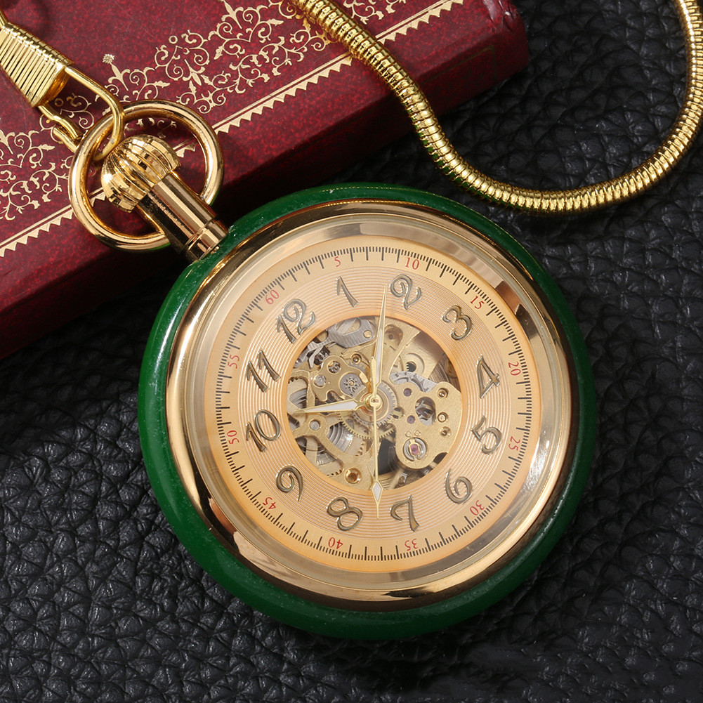 1622352048639 Vintage Gold Inlaid Green Jade Circle Digital Automatic Mechanical Pocket Watch