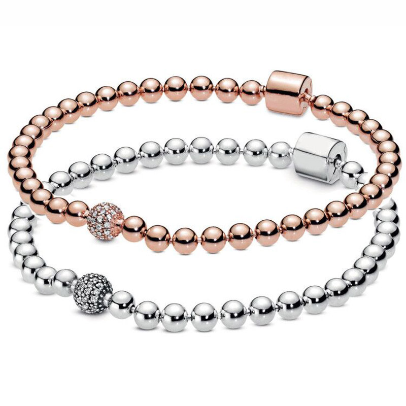 1623232314559 S925 Sterling Silver Rose Gold Diamond Bracelet Silver Bead Chain