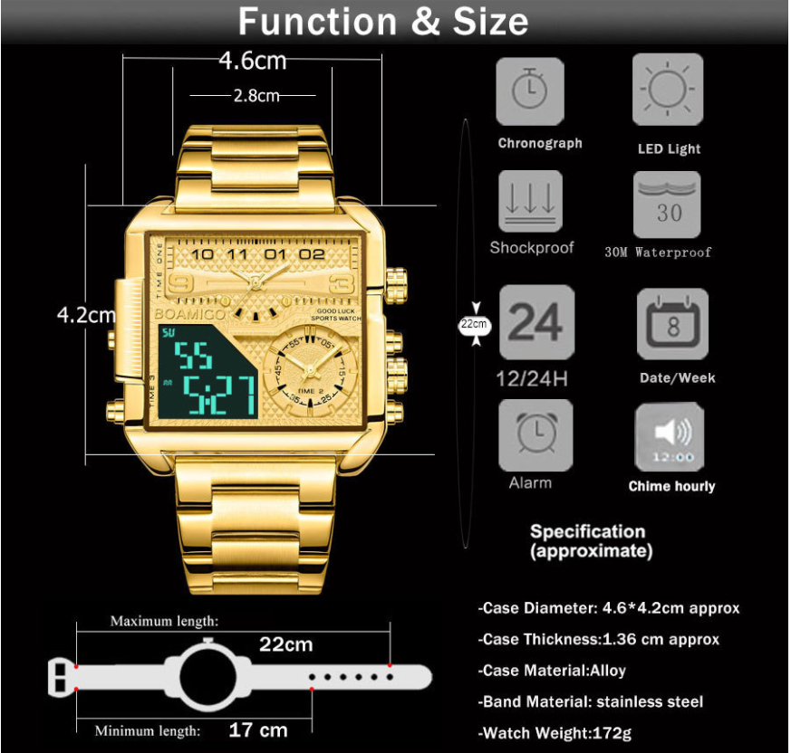 BOAMIGO Analog Digital Luxury Steel Large Dial Watch For Men