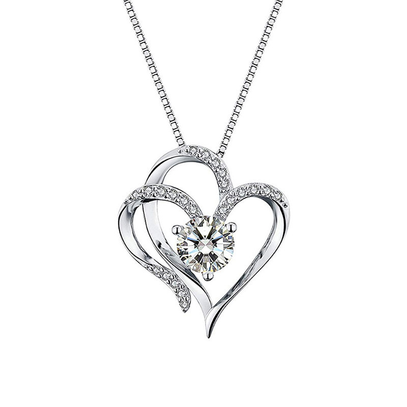 1623896417558 White Gold Double Heart Pendant Necklace Clavicle Pendant Diamond Heart Necklace