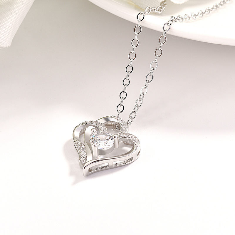 1623896417622 White Gold Double Heart Pendant Necklace Clavicle Pendant Diamond Heart Necklace