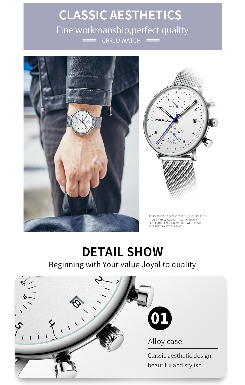 CRRJU Luxury Stainless Steel Quartz calendar watch for men 2278