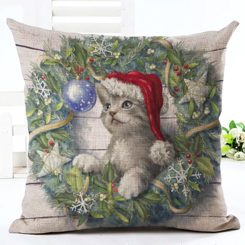 2019新年猫和狗卡通图案45x45cm枕套圣诞快乐圣诞老人圣诞节装饰品家庭子句亚麻盖纳塔尔（2）