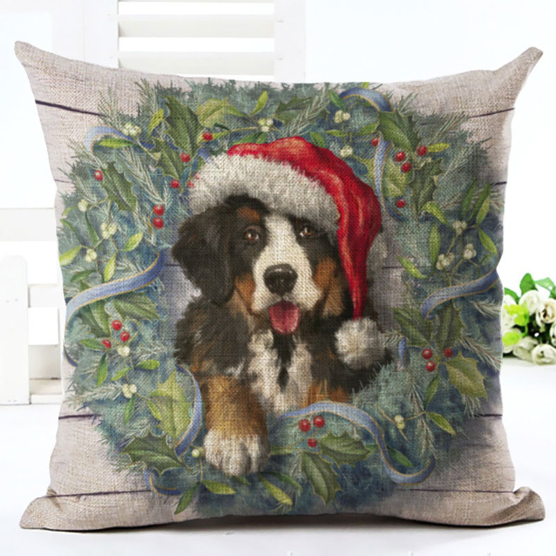2019年新年猫和狗卡通图案45x45cm圣诞装饰枕头套用于家居装饰圣诞老人亚麻封面纳塔尔（3）