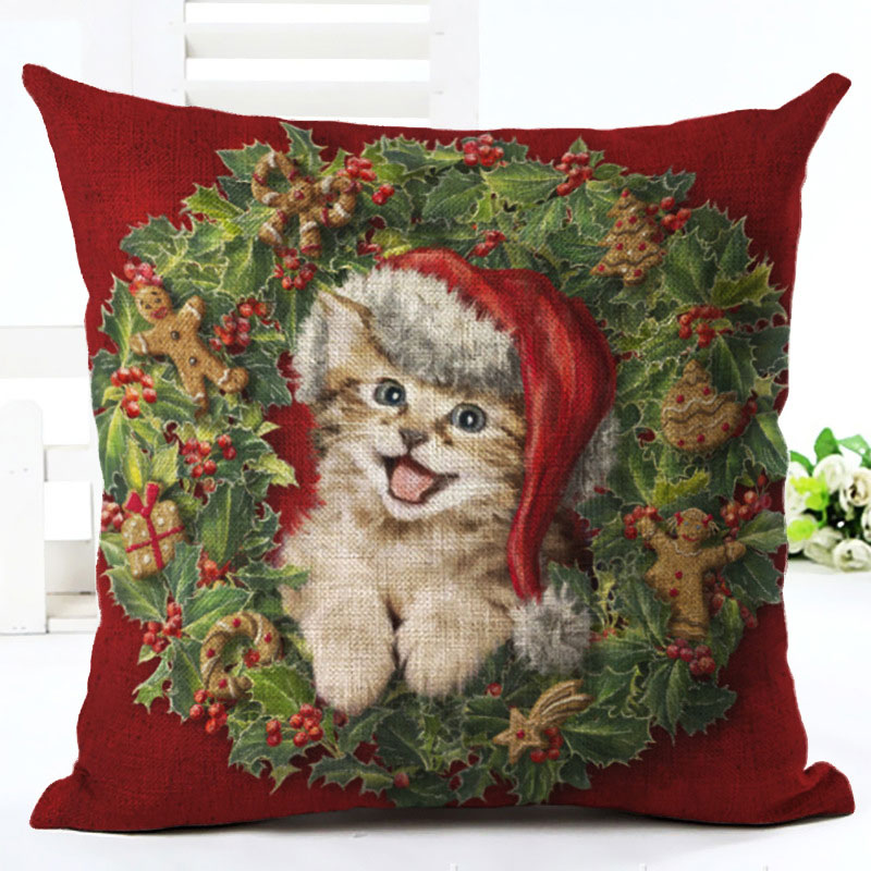 2019年新年卡通猫和狗图案45x45cm枕套圣诞快乐装饰品为家庭圣诞老人亚麻盖纳塔尔（4）