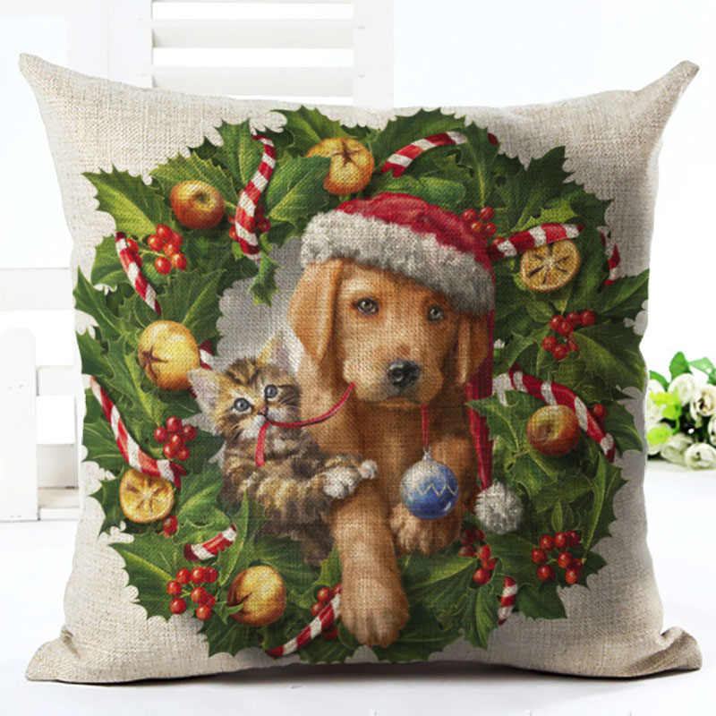 2019年新年猫和狗卡通图案45x45cm枕头套圣诞快乐圣诞老人圣诞节装饰为家庭子句亚麻盖纳塔尔（5）