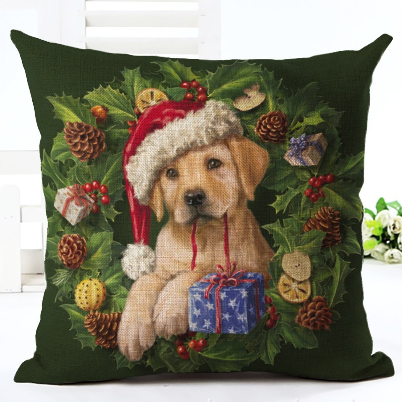 2019年新年猫和狗卡通图案45x45cm圣诞装饰枕头套用于家居装饰圣诞老人亚麻封面纳塔尔（7）