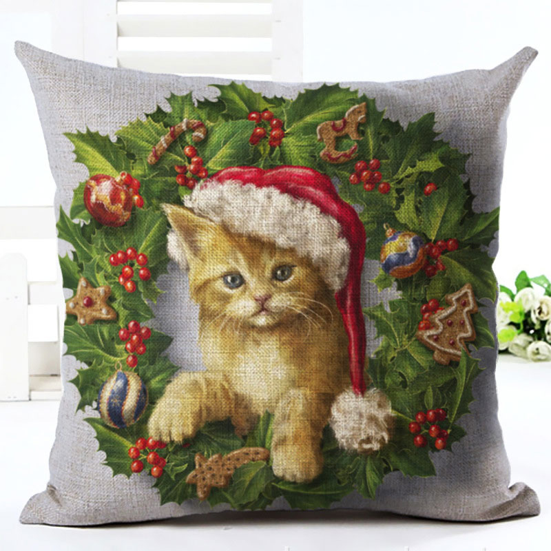 2019年新年猫和狗卡通图案45x45cm枕套圣诞快乐圣诞老人圣诞节装饰品家庭子句亚麻盖纳塔尔（8）