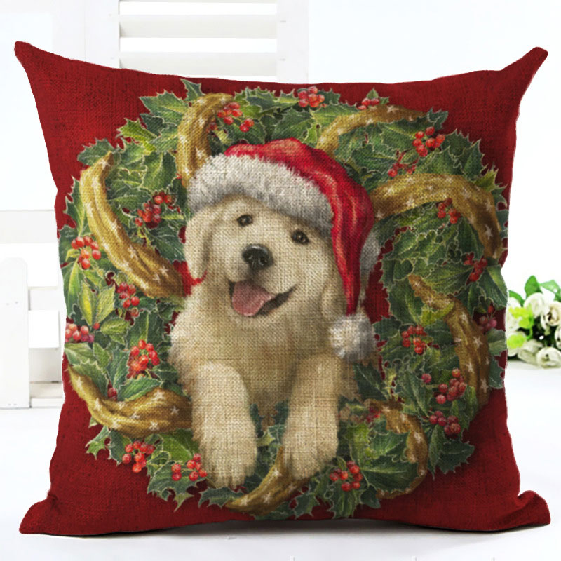 2019年新年猫和狗卡通图案45x45cm枕套圣诞快乐圣诞老人圣诞节装饰品家庭子句亚麻盖纳塔尔（9）