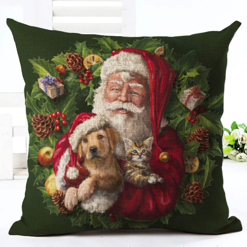 2019年新年猫和狗卡通图案45x45cm枕套圣诞快乐装饰品为家庭圣诞老人亚麻纳塔尔（10）