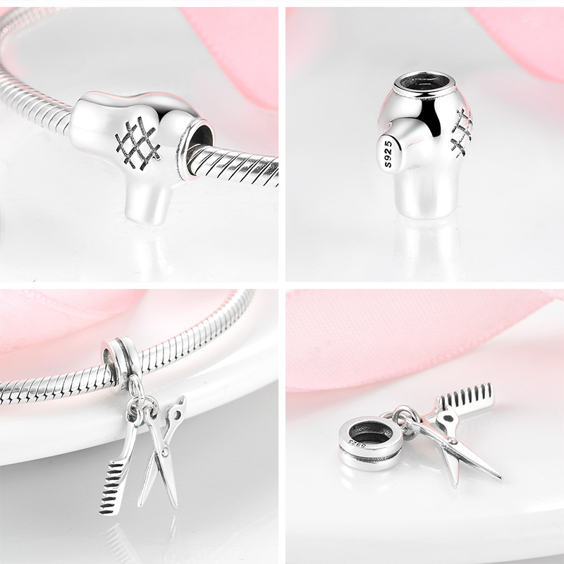 S925 Sterling Silver Pearl Pendant Hair Dryer Scissors Comb Bracelet Diy Accessories