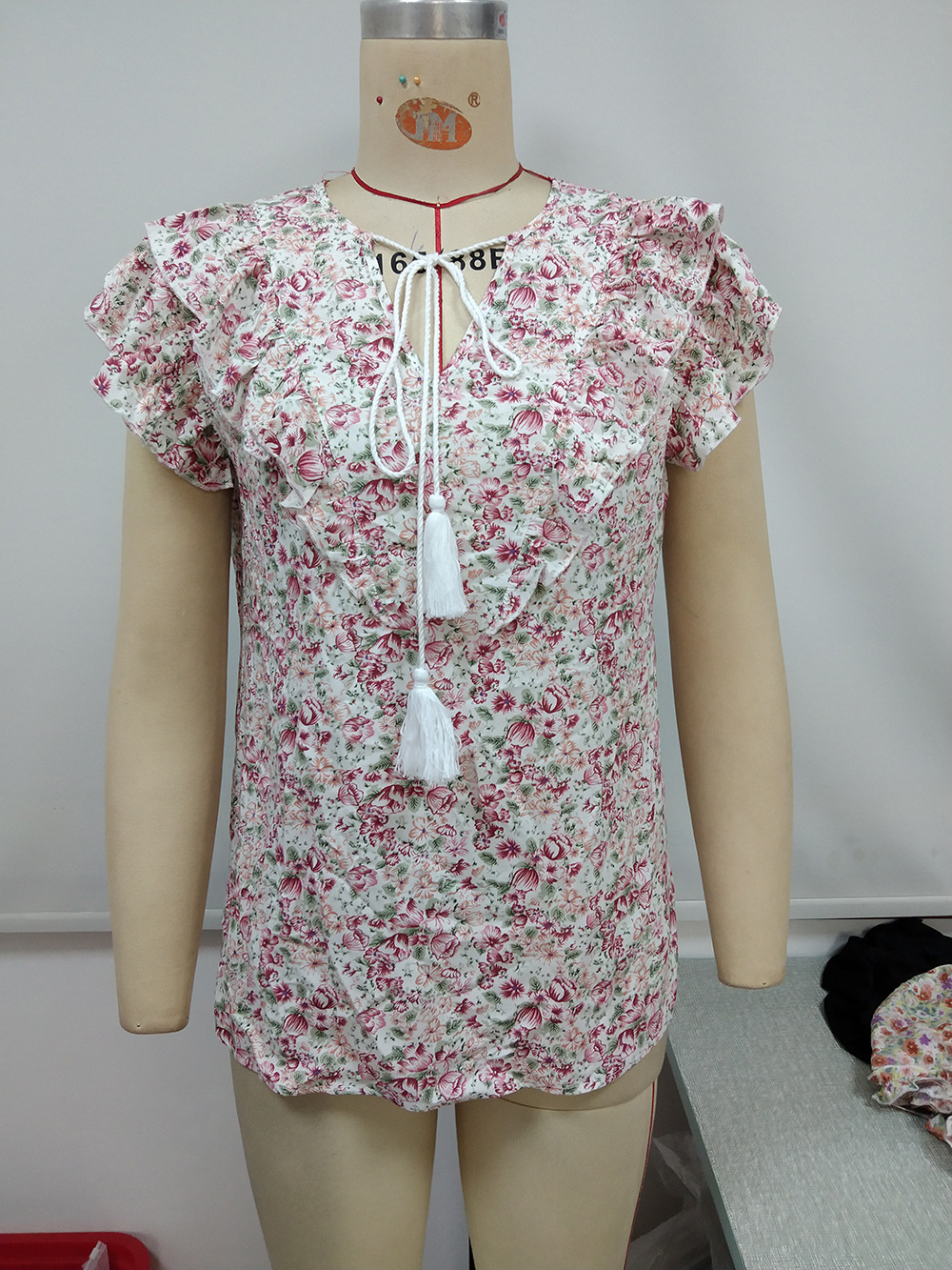 Title 12, Small Floral V Neck Tie Ruffle Sleeve Shirt