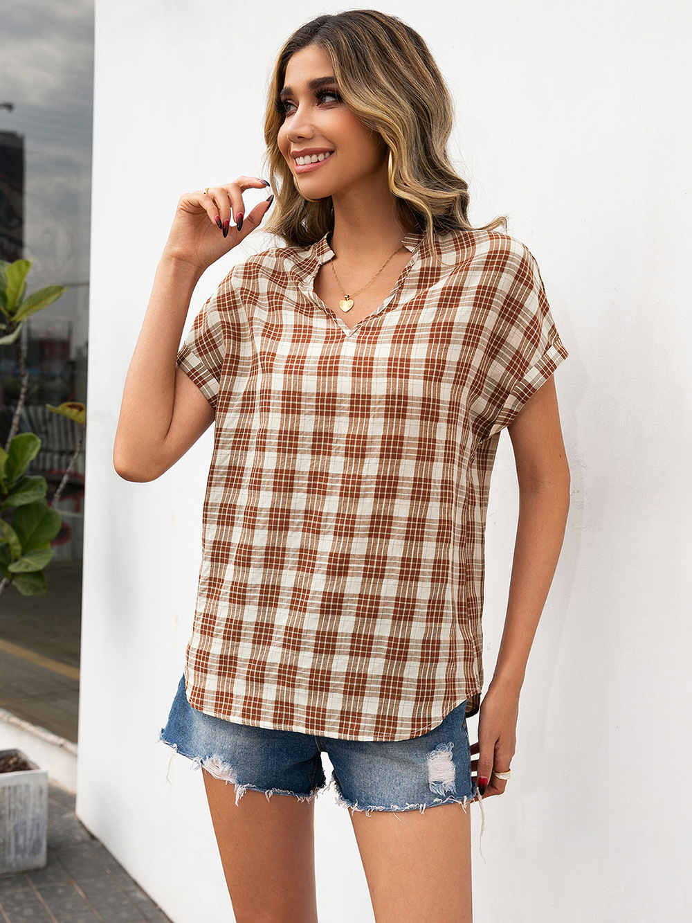 Title 2, Loose V-neck Dovetail Plaid Shirt Top Women