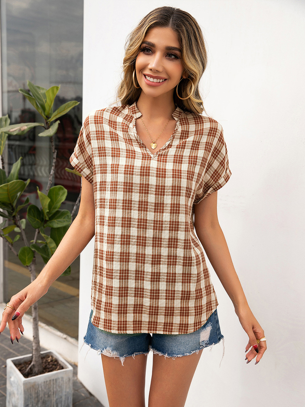 Title 4, Loose V-neck Dovetail Plaid Shirt Top Women