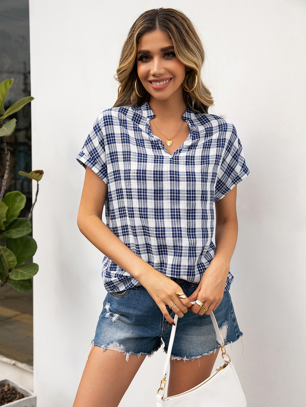 Title 8, Loose V-neck Dovetail Plaid Shirt Top Women