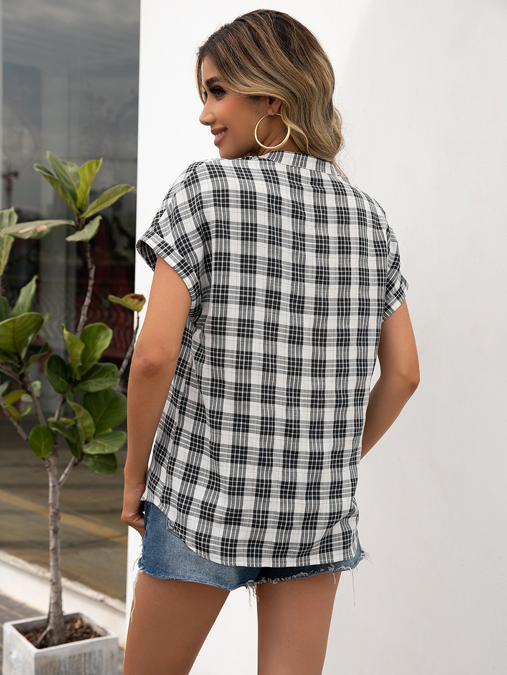 Title 13, Loose V-neck Dovetail Plaid Shirt Top Women